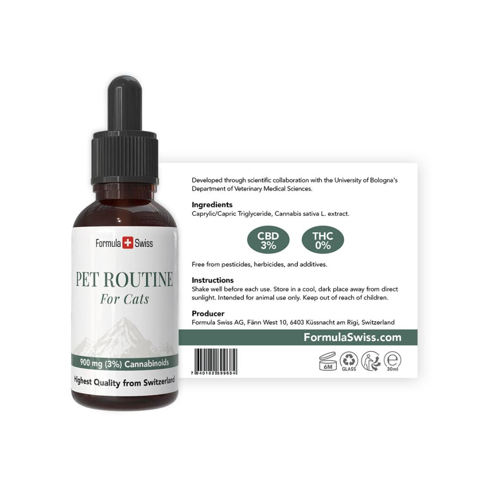 Botella de aceite de CBD para gatos por Formula Swiss con cuentagotas sobre fondo blanco