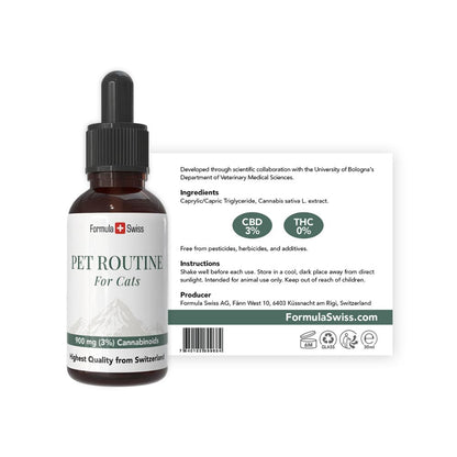 Botella de aceite de CBD para gatos por Formula Swiss con cuentagotas sobre fondo blanco