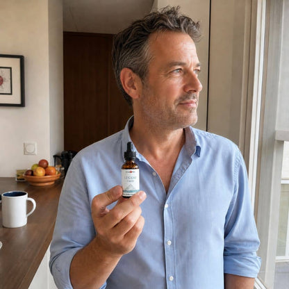 Hombre sosteniendo una botella de aceite de CBD de Lugano en un entorno de cocina