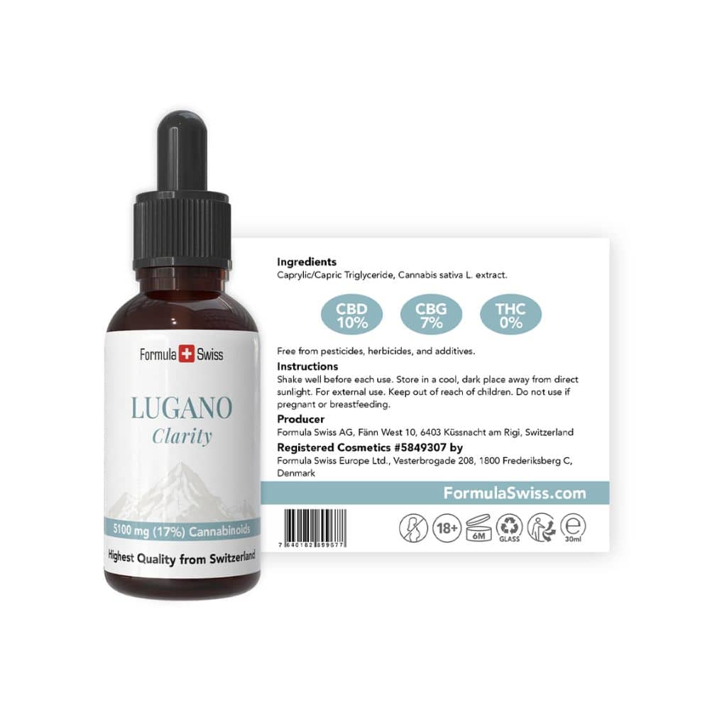 Botella de CBD con la etiqueta 'Lugano Clarity' por Formula Swiss sobre un fondo blanco.