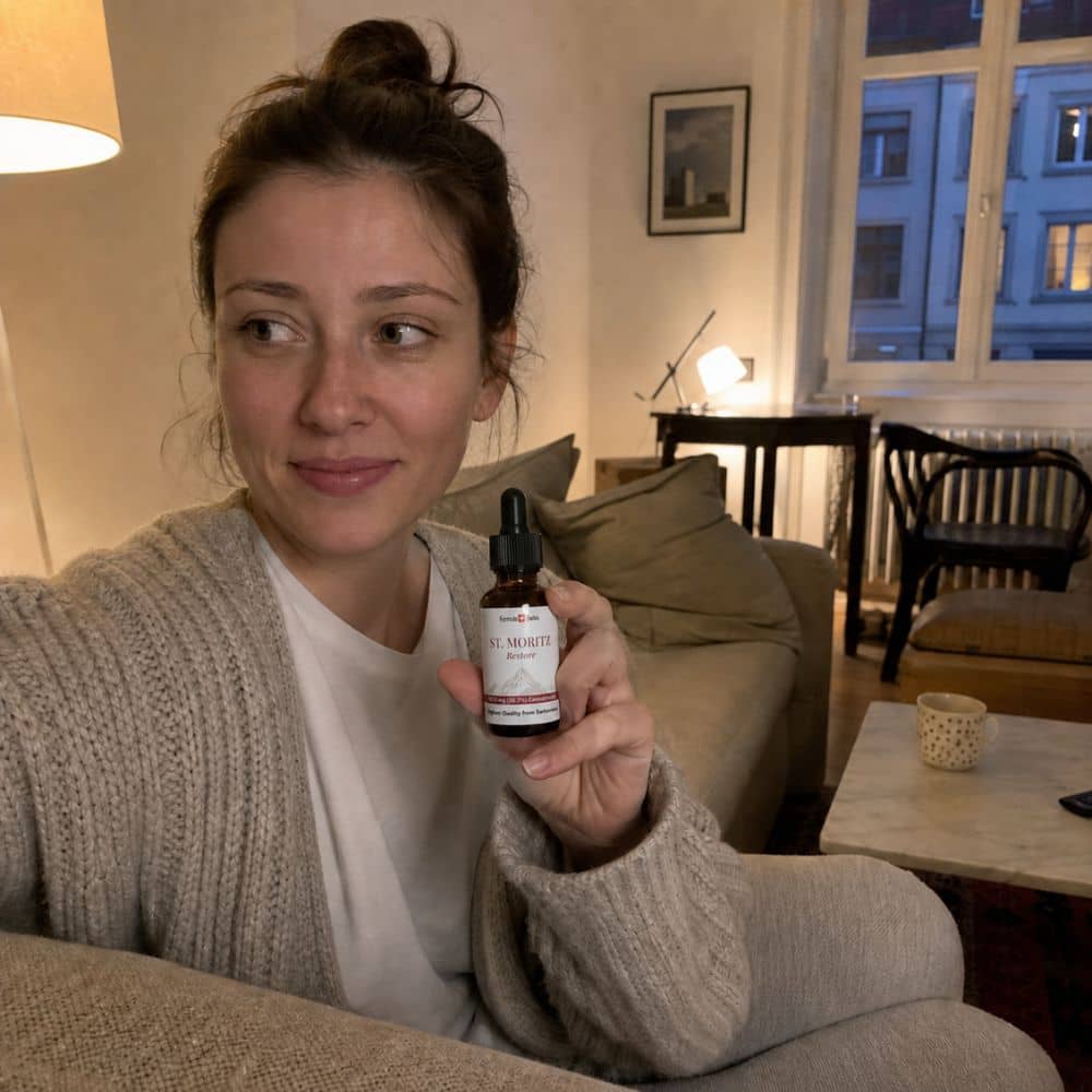 Mujer sosteniendo una botella de St. Aceite de Moritz CBD en un entorno de sala de estar
