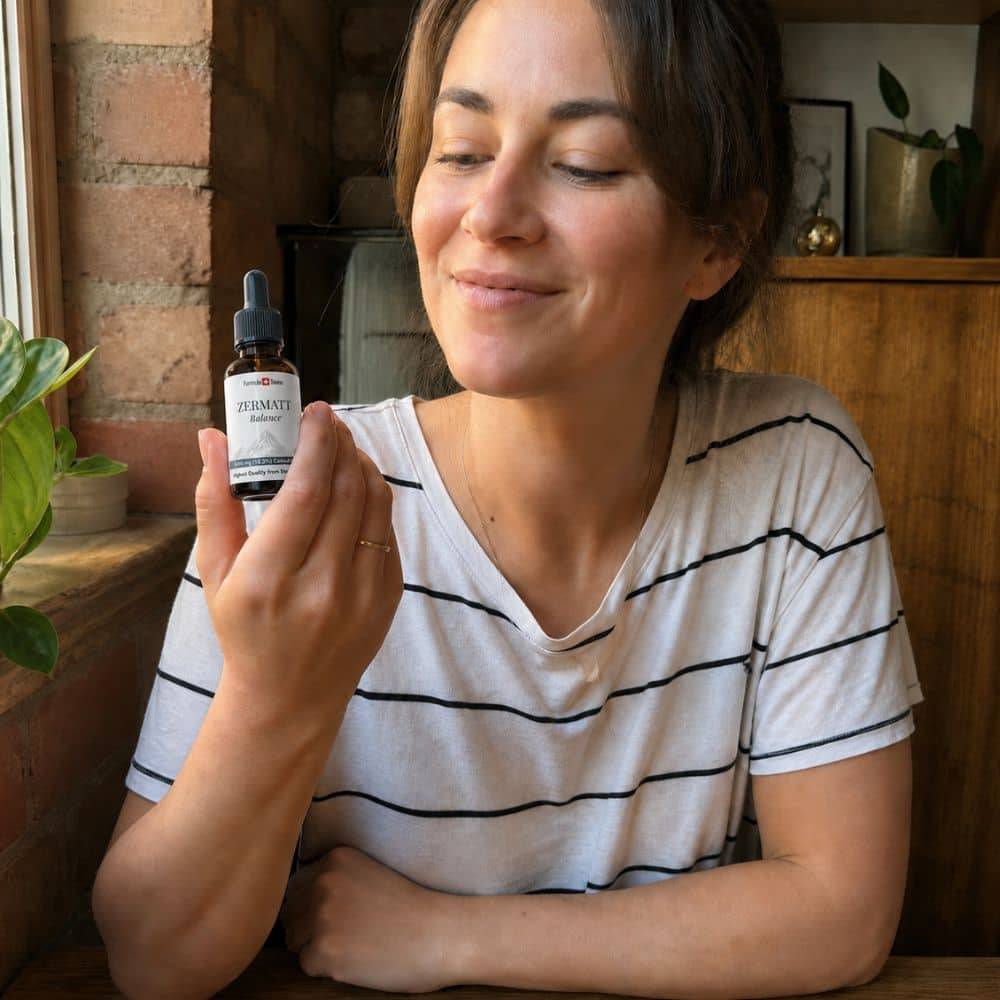 Mujer sosteniendo una botella de aceite de CBD de Zermatt en un entorno interior acogedor.