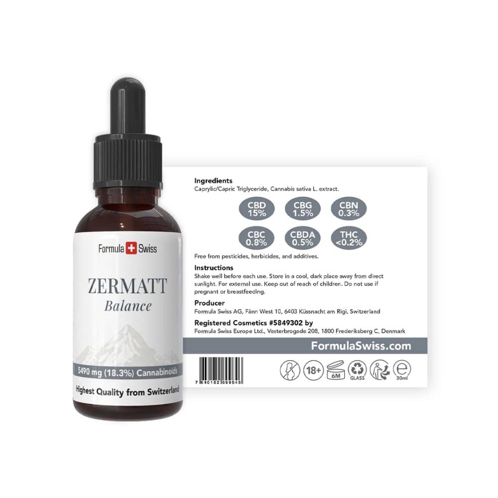 Botella de CBD Zermatt Balance con etiqueta sobre fondo blanco