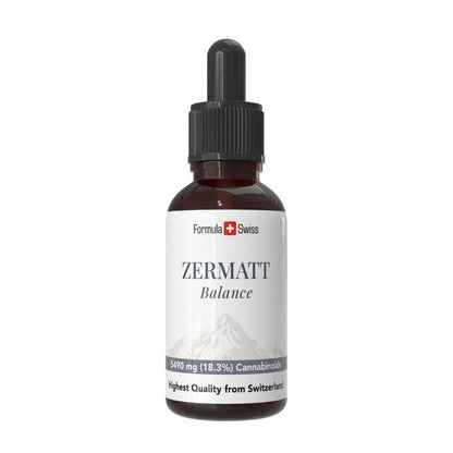 Botella de aceite de Zermatt CBD con la marca Formula Swiss en un fondo blanco