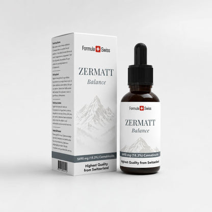 Envases de productos de cannabis Zeramatt Balance con botella y caja sobre fondo gris claro